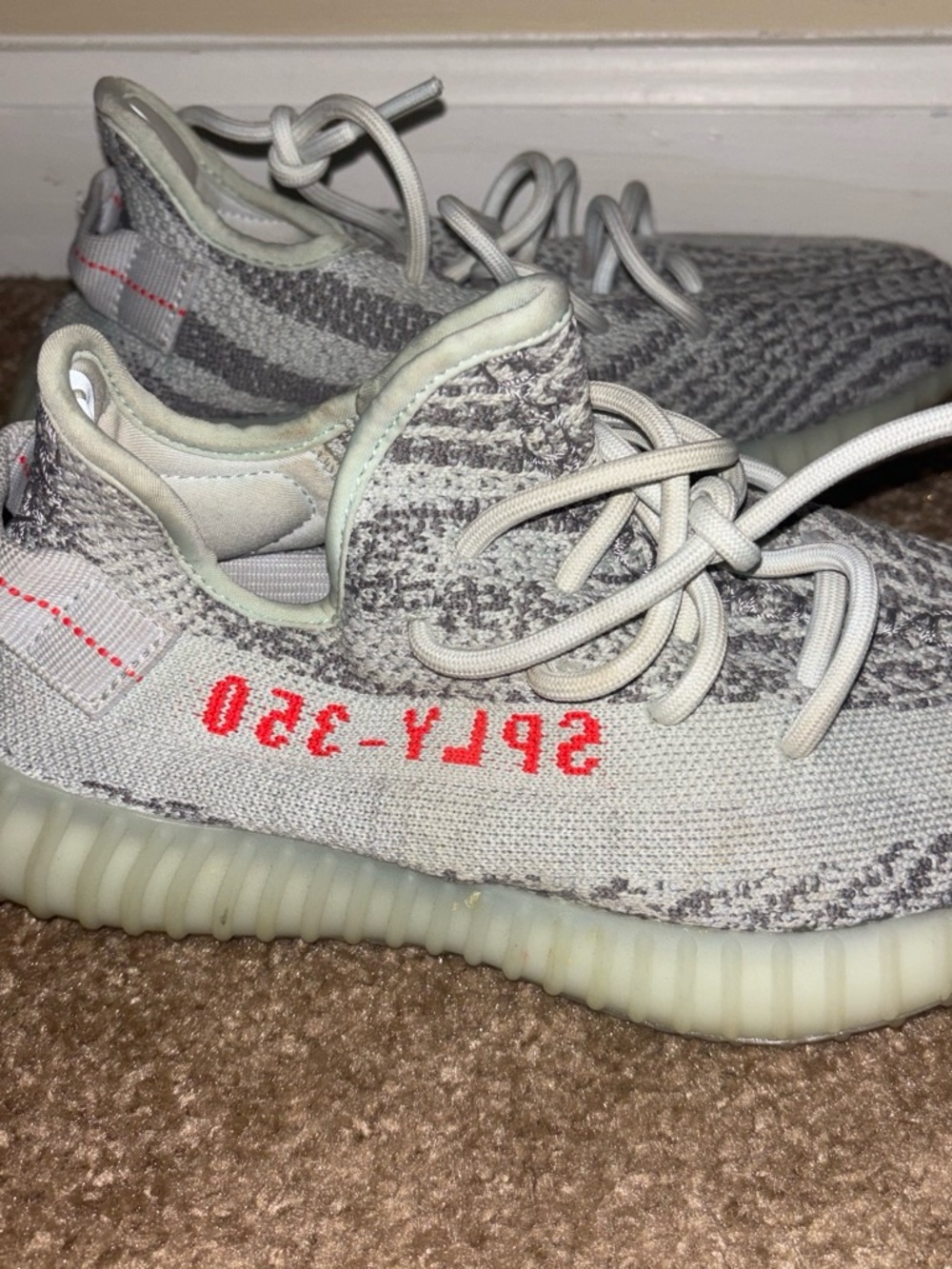 Yeezy Kids Grey Knit Sneakers with Red Accent
